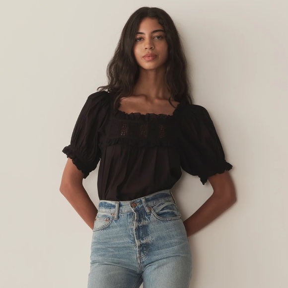 Doen Frances Cotton Voile Ruffle Lace Short Puff Sleeve Blouse Top Black - Picture 3 of 10